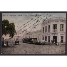 FERROCARRIL ANTIGUA TARJETA POSTAL RESISTENCIA CHACO TREN FRENTE A CAFÉ CONFITERIA Y BILLAR RARA